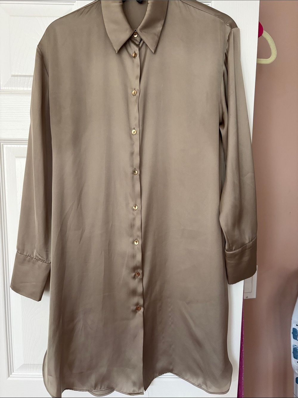 Zara Taupe Satin-Look Long Sleeve Button Down Shirt